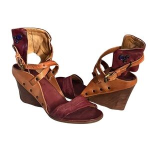 NEW A.S.98 Womens Brown/Red Open Toe Leather Wedge Sandals size 39 (8.5)